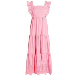 Moon River Eyelet Ruffle Flutter Sleeve Maxi Dress Pink Small 🩷